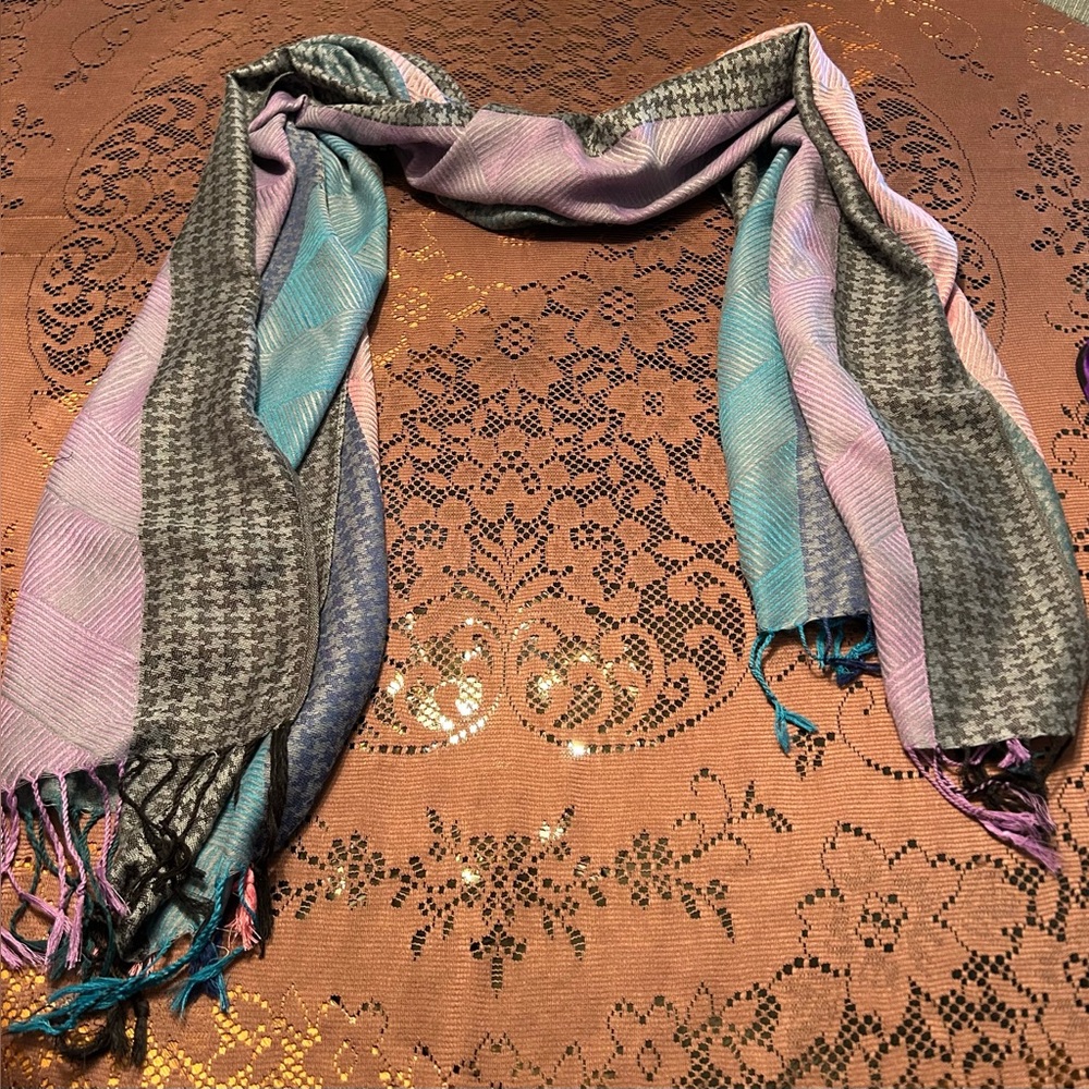 Elegant Multicolor Scarf Pink, Gray, purple, blue & green 68”X27”